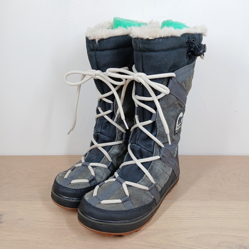 Sorel Tofino Winter Boots Women Size 7 Gray Suede Waterproof Faux Fur Lace Up